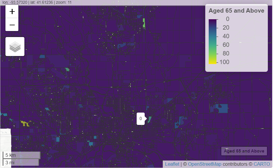 Map Distribution of total population of seniors across blocks in Polk County